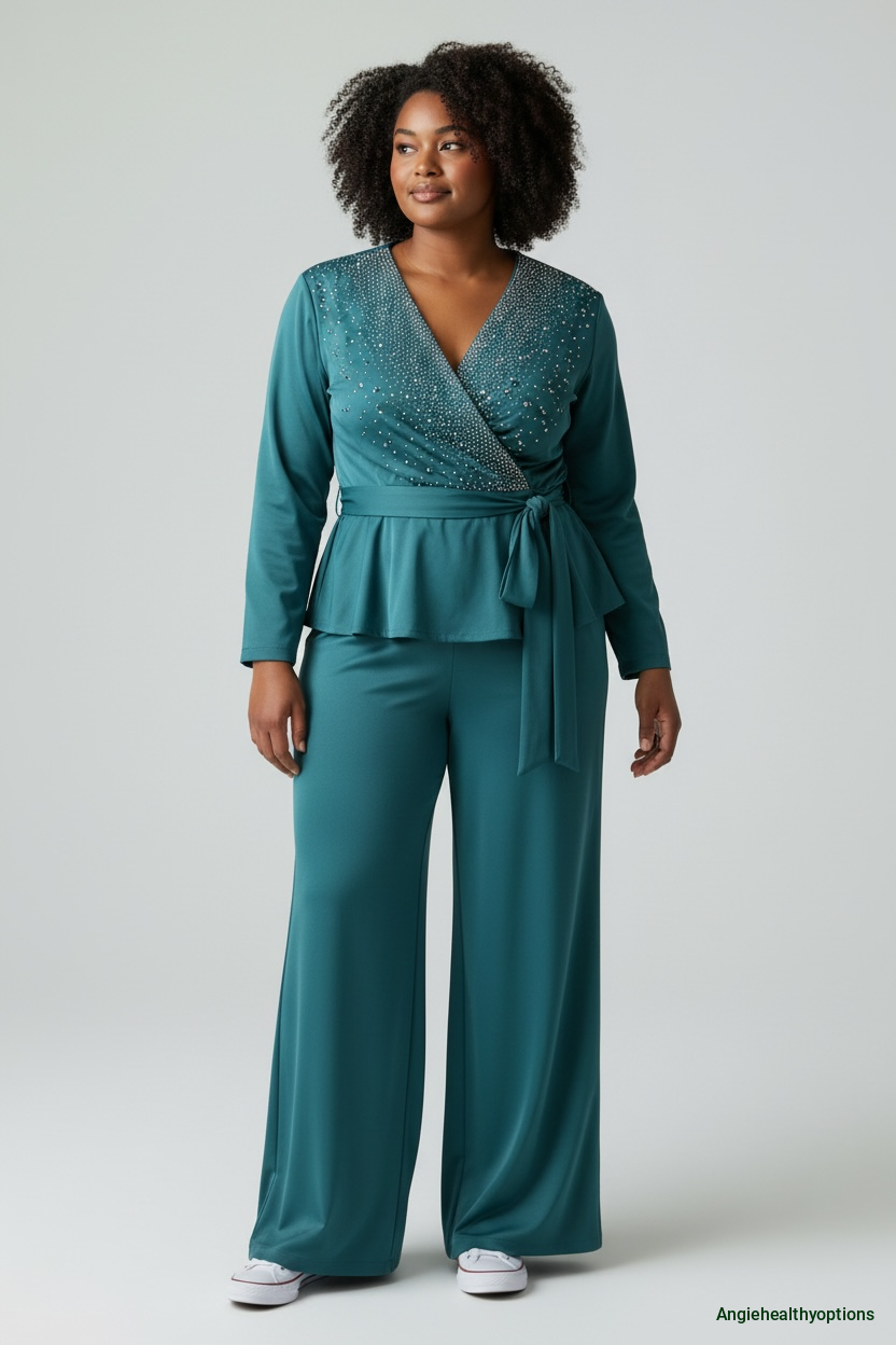 Moete Muse Teal Embellished Wrap Top & Wide-Leg Pants Co-Ord Set